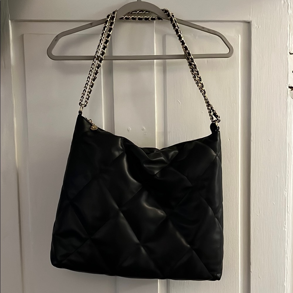 Black leather quilted tote bag purse